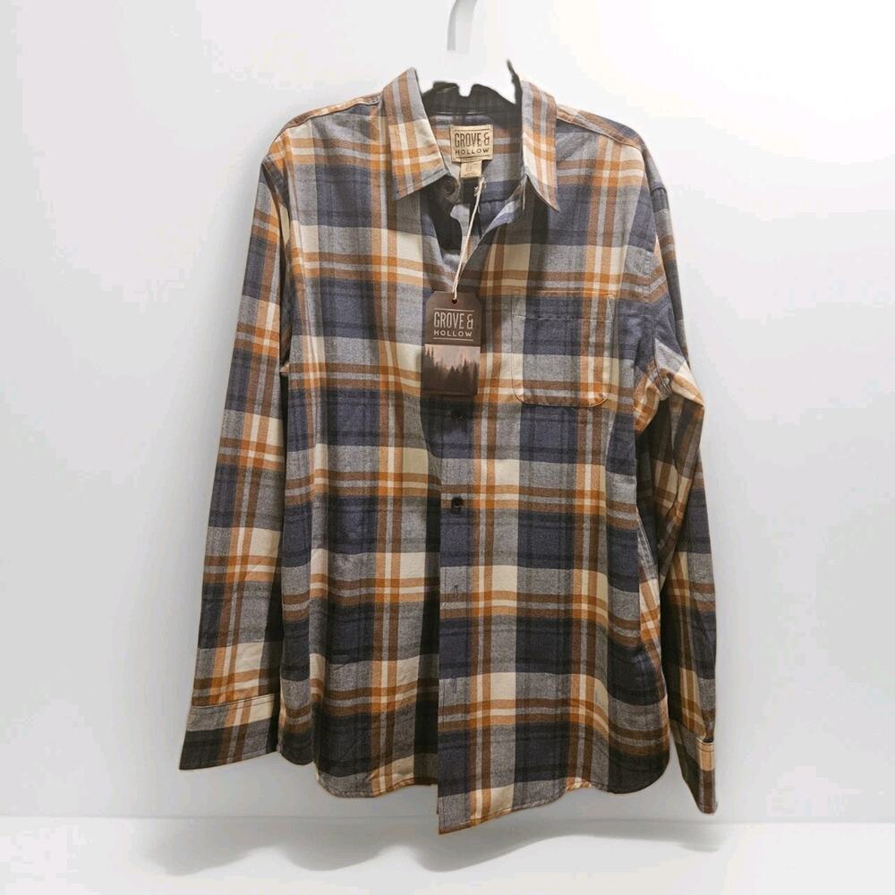 NWT Grove & Hollow Shirt Men Size XL Flannel Plaid Long Sleeve Button Up Navy